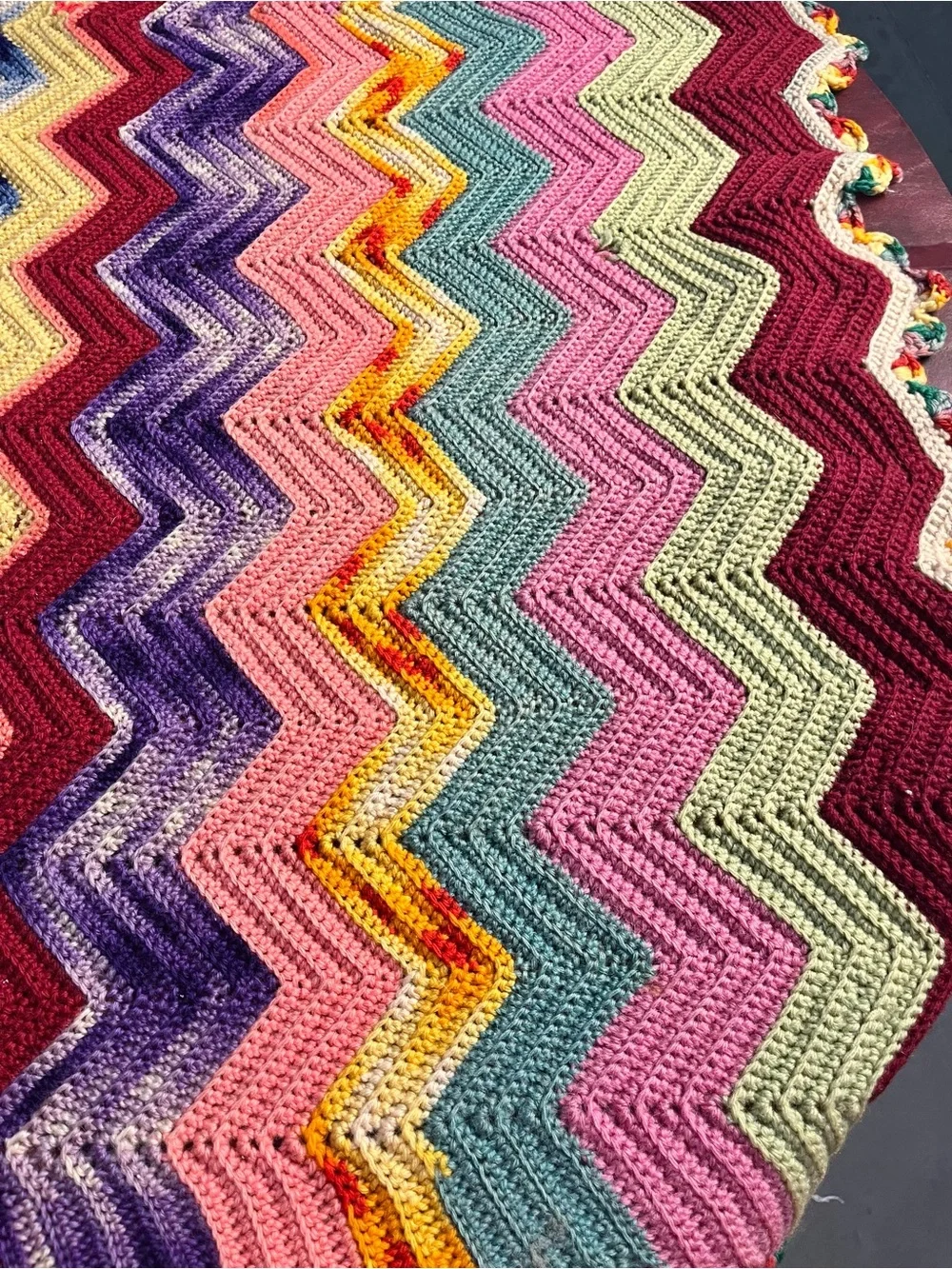 Vintage Crochet Chevron Afghan Throw Blanket Pastel Ripple 76”x38”